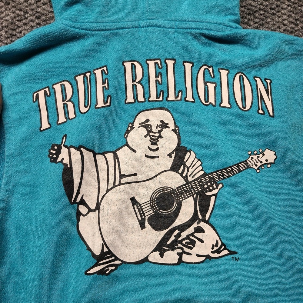 TRUE RELIGION Blue Horseshoe Sleeveless Hoodie Tank Men's Streetwear Graphic